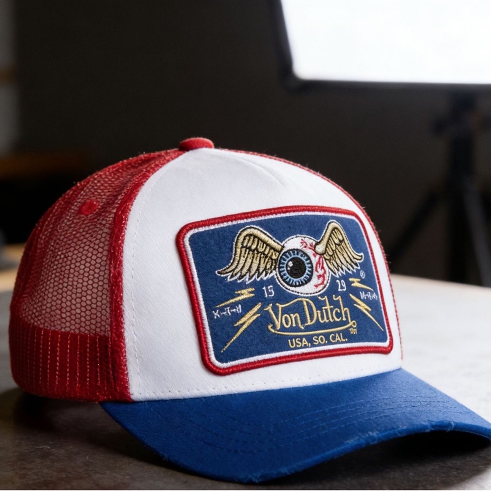 Von Dutch Red White Blue Trucker Hat with Winged Eyeball Patch